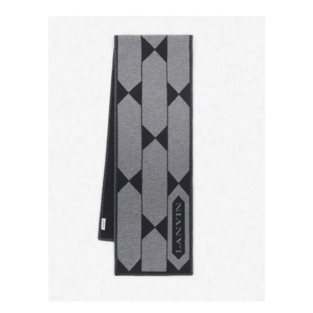 Lanvin Paris Wool Scarf Gray Black Geometric Logo Fringe NEW